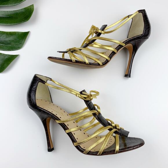 Alexandra Neel Heels Brown Gold Leather Sandals Strappy Italy Women's 39 US 9 - Picture 7 of 11